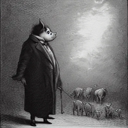 Prompt: a pig in a tuxedo, creepy atmosphere, outside, clouds, dark, portrait, realistic, very realistic, illustration by Gustave Doré
