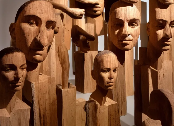 Image similar to realistic photo portrait of the a sculpture of a group portrait of heads made of wood, poorly designed in style of arte povera, fluxus, dadaism, joseph beuys, ugly made, low quality standing in the wooden polished and fancy expensive wooden museum interior room 1 9 9 0, life magazine reportage photo