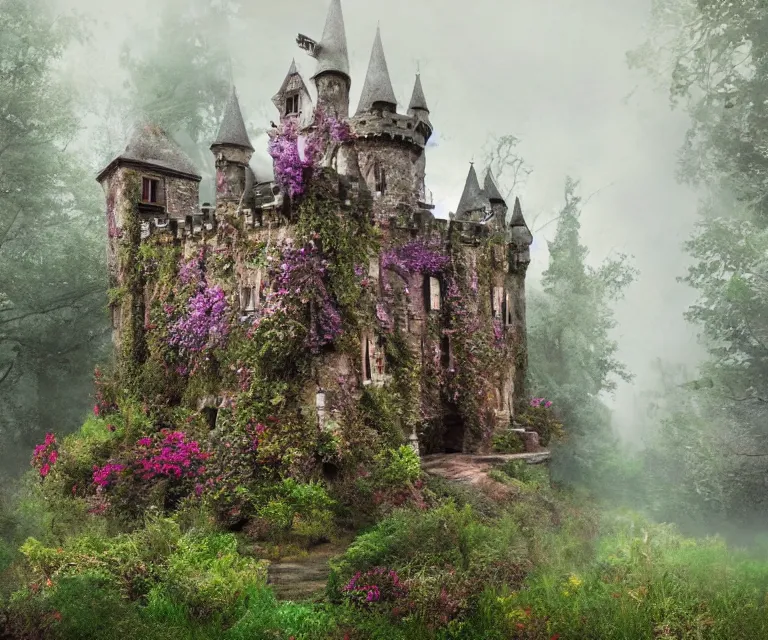 Image similar to old rundown castle in the middle of a haunted forest, foggy, high fantasy, colorful flowers, aged vegetation, photorealism, symmetry