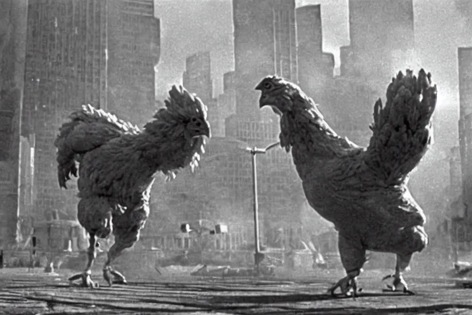 Image similar to still image taken from sci fi horror movie of a giant chicken and monster attacking a city. low camera angle. 1 9 6 0.