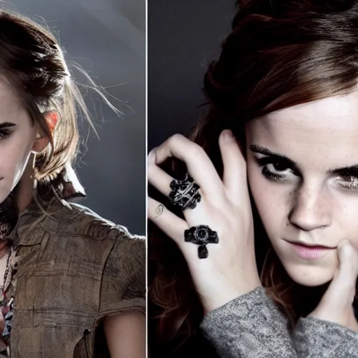 Prompt: A photo of tough looking emma watson. she has rings on his fingers. 50 mm. perfect ring.