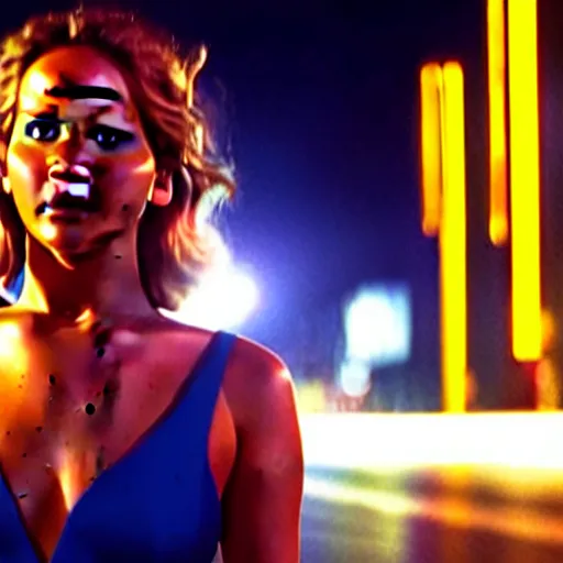 Image similar to cinematic jennifer lawrence standing in the street at night, color photography, sharp detail, confused, still from the movie speed racer