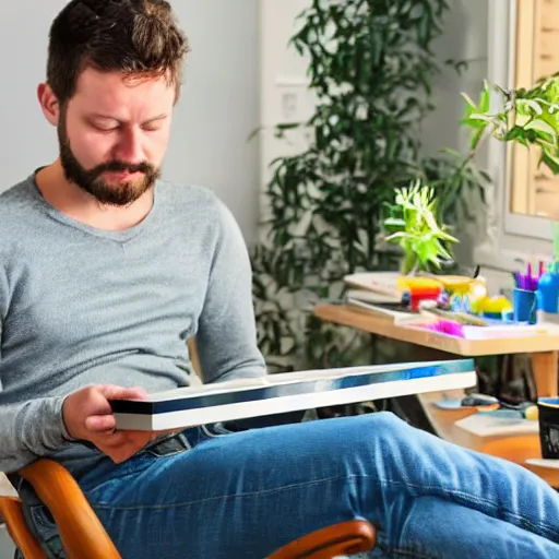 Image similar to a man sitting at his computer with a rolling tray and a pile of weed ground up in front of him, painting