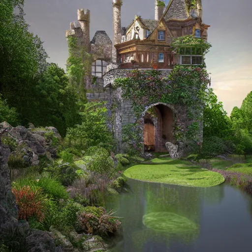 Image similar to a castle within a garden, realistic, photo studio, HDR, 8k, trending on artstation