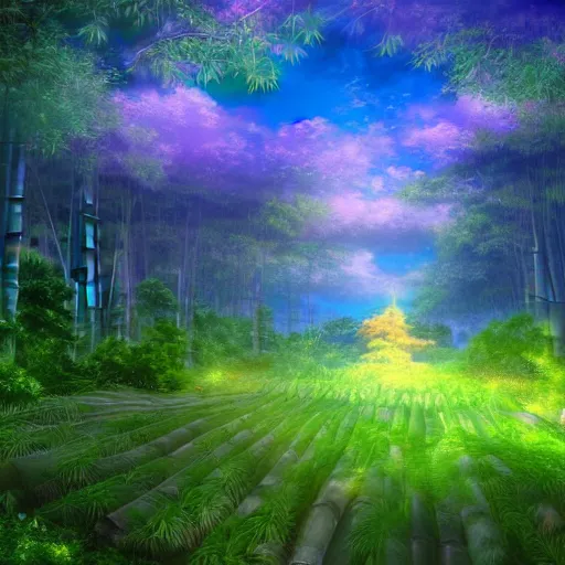 Image similar to a heavenly dream view from the interior of my cozy bamboo forest dream world filled with color from a Makoto Shinkai oil on canvas inspired pixiv dreamy scenery art majestic fantasy scenery fantasy pixiv scenery art inspired by magical fantasy exterior illumination of awe and wonder