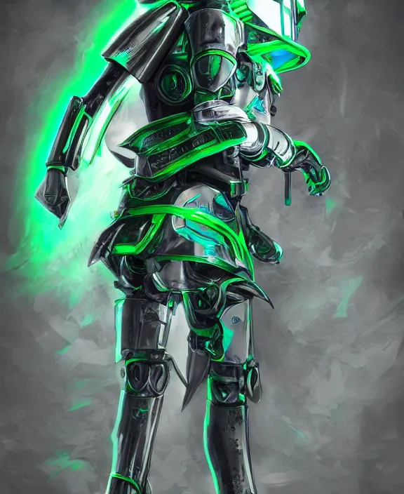 Image similar to an anime full body portrait of a masked cyborg warrior with jade green armour and a futuristic helmet with a neon jade visor by HR Giger, 4k resolution, detailed