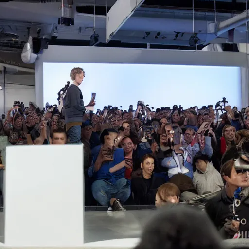 Image similar to mark zuckerberg standing on a podium, looking over a crowd of civilians who are wearing VR headsets