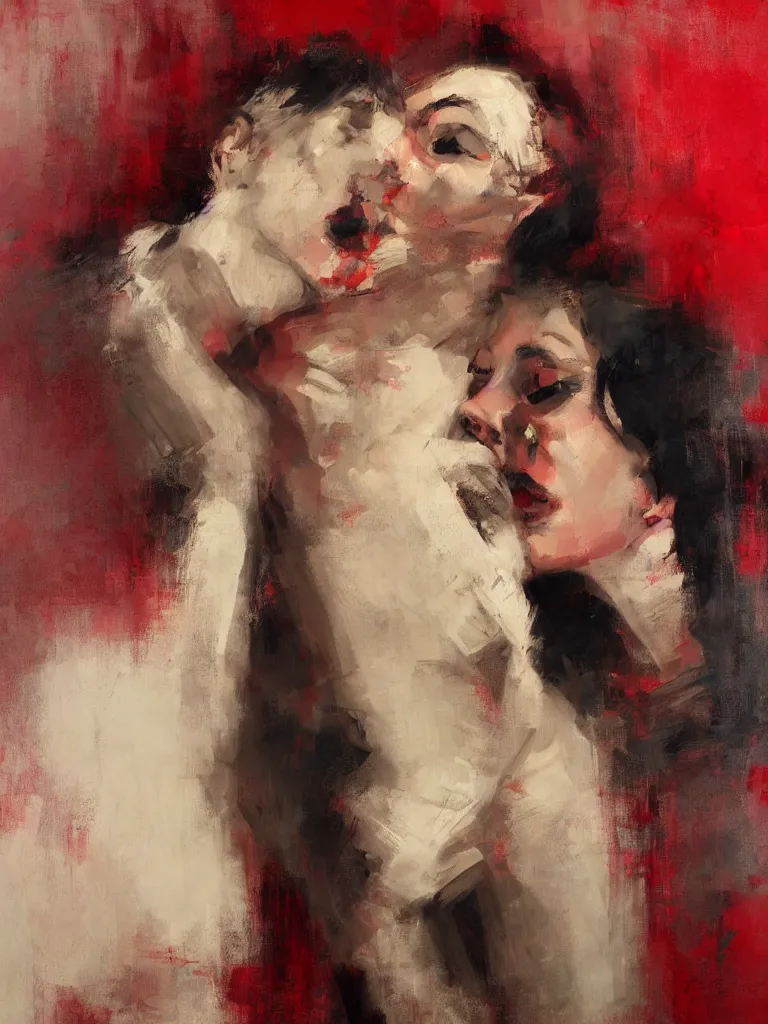 Prompt: spontaneous unfinished romantic portrait under painting, beautiful juicy brush strokes, by richard schmid and sargent, dark, black and red, trending on cgsociety