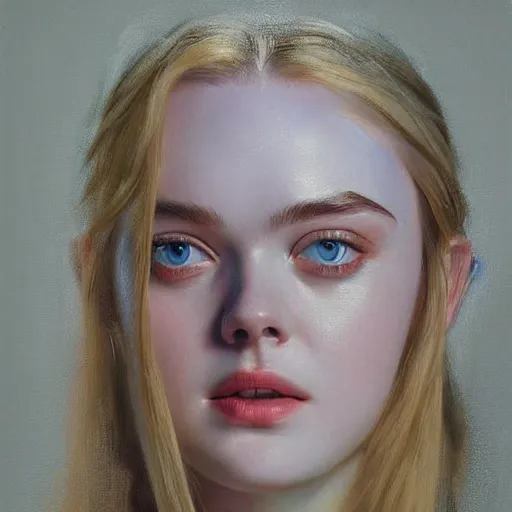 Image similar to a striking hyper real painting of Elle Fanning by Jan Matejko