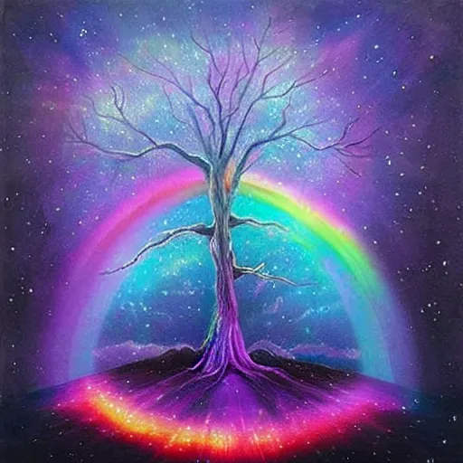 Prompt: the ghost of the world tree radiates rainbow light into the dark cosmos, epic painting