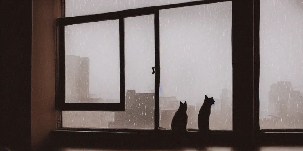 Image similar to silhouette of a girl and her cat, looking out a window on a rainy day, inside a cozy apartment, with a city view. atmospheric, moody, cozy, rainy day, backlit, multiple colors