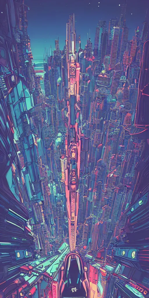 Image similar to astronaut cyberpunk surreal upside down city with a full moon, neon lights, sharp edges, flat colors, cell shaded, wide angle lens by moebius, Jean Giraud, trending on artstation