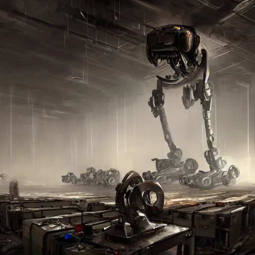 Prompt: boston dynamics in gloomy ruined server room in datacenter painting concept art of robot titan colossus, sharp focus, emitting diodes, smoke, artillery, pacing, computers racks motherboard cinematic dramatic by pascal blanche rutkowski artstation detailed matte painting, 4 k resolution