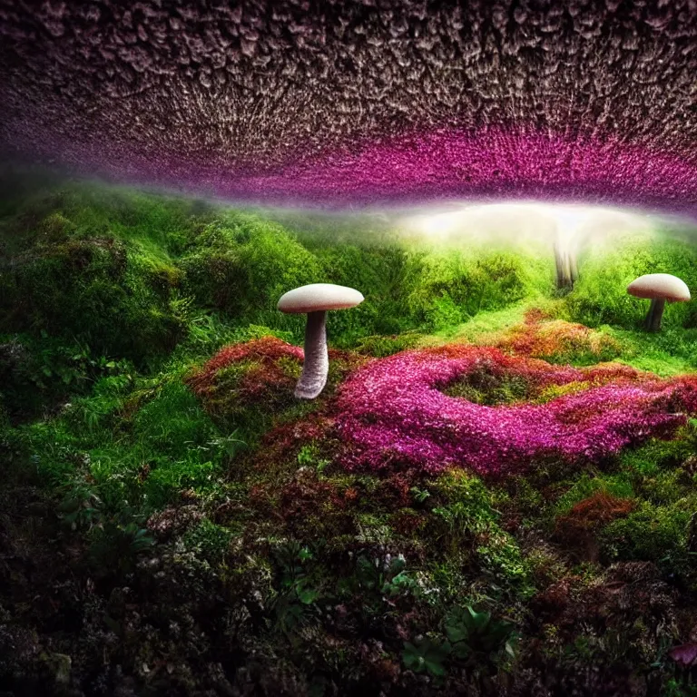 Image similar to a planet of various fungus, mushrooms, flowers and plants, inside the picture is infinity, Atmospheric, artistic photography, conceptual, long exposure outside the city, volumetric light