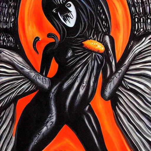 Prompt: painting in style of hr giger the super hot and sexy, black dress, orange halo, black wings, huge cup of coffee, dark angel of coffee