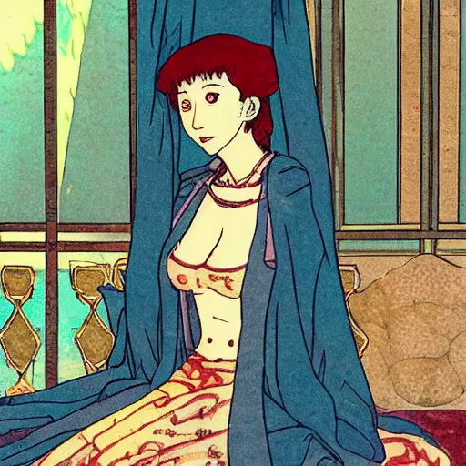 Prompt: Dido of Carthage in her palace, relaxed and candid, anime portrait by Satoshi Kon and Junji Ito