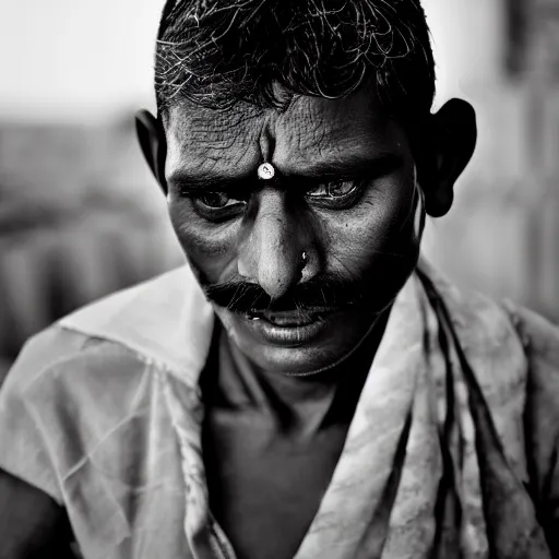 Image similar to a dramatic portrait of worker from india, cinematic lighting