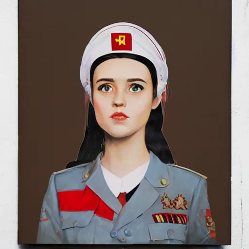 Image similar to oil paining of twentytwo year old female character with cat ears wearing soviet era uniform, wearing a tshirt with a face of karl marx on it, in the style of krenz cushart