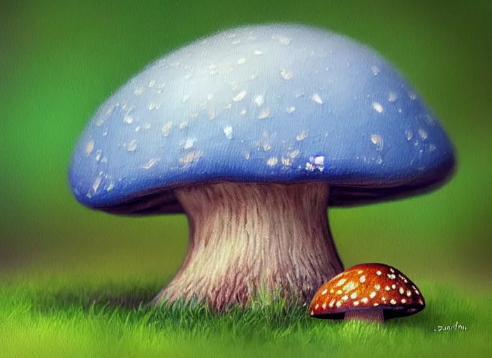 Image similar to a cute creature sitting next to a mushroom, realistic, very detailed, complex, intricate, studio lighting, superres sharpening, bokeh, sigma 5 0 mm f 1. 4, impressionist painting, digital painting, artstation, simon stalenha