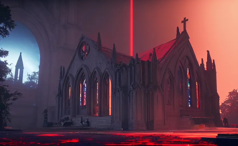 Image similar to symmetrical, ancient church of worship with red shafts of light in destiny 2, foggy, liminal, dark, dystopian, beautiful architecture, abandoned, highly detailed 4 k 6 0 fps destiny 2 expansion promotional poster, reveal image gameinformer