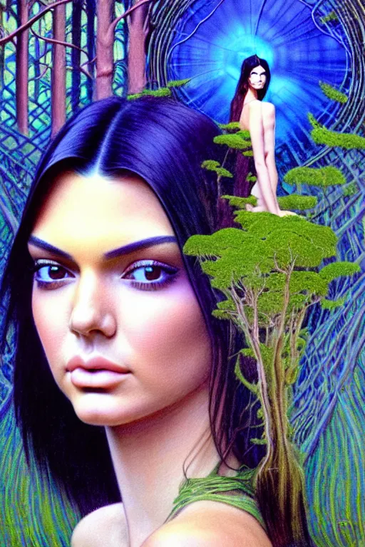 Prompt: realistic detailed face portraitphoto of the beautiful kendall jenner with long hair with sci-fi headwear, futuristic sci-fi forest on background by Jean Delville, Amano, Yves Tanguy, Alphonse Mucha, Edward Robert Hughes, Roger Dean, rich moody colours, blue eyes