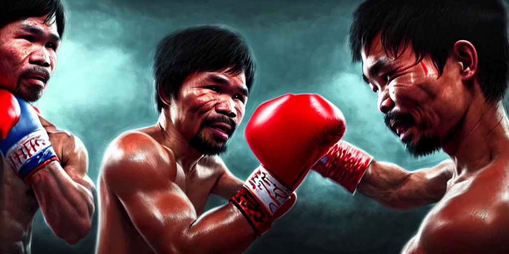 Prompt: manny pacquiao versus bongbong marcos in a boxing fight, detailed intricate illustration, dark atmosphere, detailed illustration, hd, 4 k, digital art, overdetailed art, by greg rutkowski, by loish, complementing colors, trending on artstation, deviantart