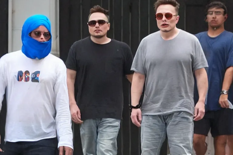 Image similar to elon musk as a dangerous gang member, wearing a blue head covering made from a polyester material and a stained white tank top, paparazzi, leaked footage, uncomfortable, bad quality