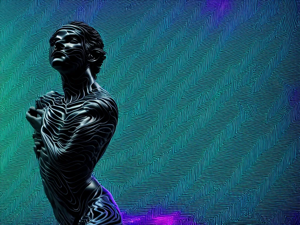 Prompt: greek statue dripping black iridescent liquid by alex grey, mountains in background, geometric vines, moody, dramatic, introspective, 8 k, octane render, photorealistic, hyper detailed, transcendent, vibrant color, clean linework, finely detailed, shrouded face, veiled face, 4 k, trending on artstation, photorealistic, volumetric lighting, octane render