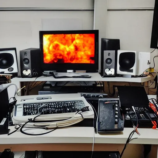 Prompt: “A lot of electronic equipment, wires, tv screens and audio meters. Big explosion and fire coming out from the computer screen. in style of Geiger”