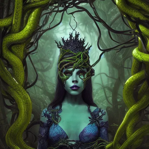 Image similar to dark queen of snakes, crown of vines, blue skin, realism, dark fantasy, surrounded by snakes in a twisted forest, octane render, artstation