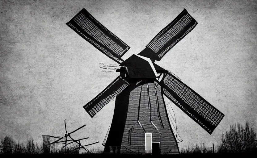 Image similar to mural of dutch windmill, black and white paint, stencil art, abstract, cyberpunk, painted on a giant wall