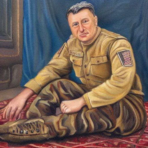 Image similar to a oil painting of a humanoid german shepherd beast - man, wearing military outfit, sitting on the carpeted floor beside a bed