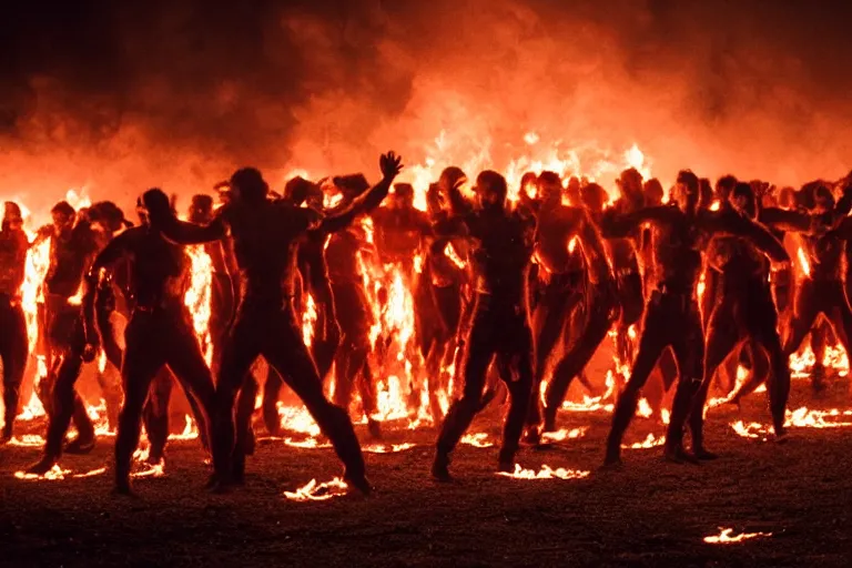 Image similar to a cinematic wide angle photograph of a group of mutants made entirely of fire walking through a vast serene landscape, beautiful lighting, high depth, ultra realistic, artistic, by zack snyder and john harris