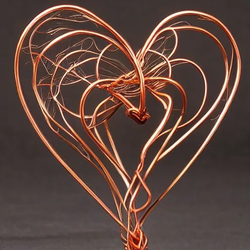 Image similar to a very beautiful tiny human heart organic sculpture made of copper wire and threaded pipes, very intricate, curved. studio lighting, high resolution, high quality, black background