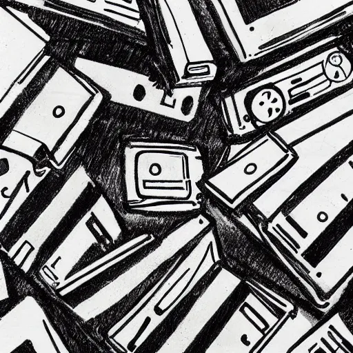 Prompt: a videotape cassette ink drawing