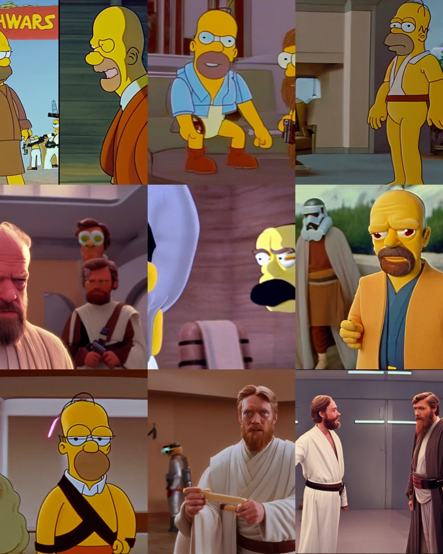 Prompt: Real-life Homer Simpson as Obi-Wan Kenobi in Star wars (1977) cinemascope and technicolor