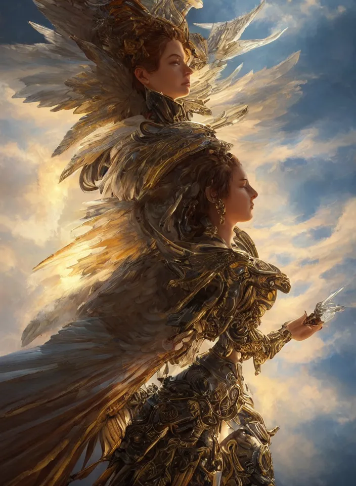 Prompt: A beautiful fierce angel with wings, wearing metal battle armor and a flaming sword, among heavenly sunlit clouds, intricate, elegant, digital painting, golden hour photography, cinematic, trending on artstation, concept art, smooth, sharp focus, realism, illustration, art by artgerm and Greg Rutkowski and Alphonse Mucha