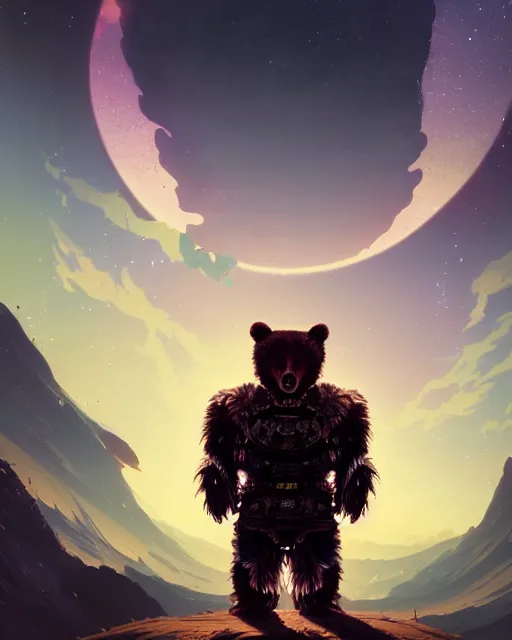 Prompt: highly detailed surreal vfx portrait of a metallic chromatic samurai bear in front of planets filled sky, stephen bliss, unreal engine, greg rutkowski, loish, rhads, beeple, makoto shinkai and lois van baarle, ilya kuvshinov, rossdraws, tom bagshaw, alphonse mucha, global illumination, detailed and intricate environment