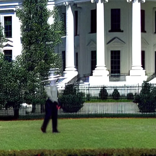 Prompt: george w bush hiding in a bush in front of the whitehouse, security cam footage, grainy