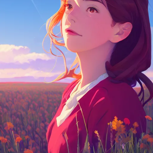 Image similar to portrait of anne shirley-cuthbert, farm field background, rich vivid colors, ambient lighting, dynamic lighting, 4k, HQ, official media, anime key visual, makoto shinkai, ilya kuvshinov, lois van baarle, rossdraws, detailed, trending on artstation