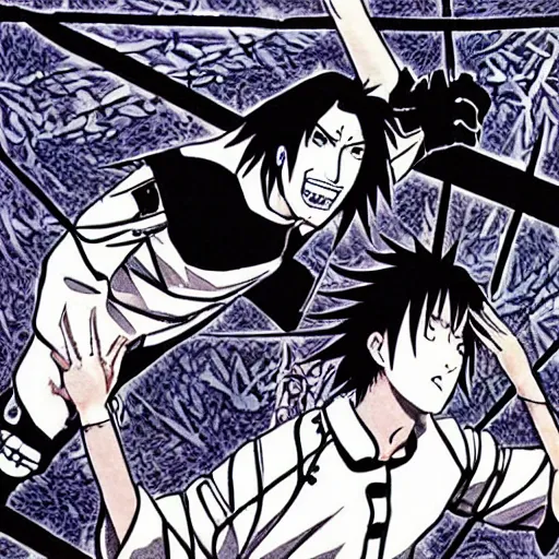 Prompt: Keanu Reeves teaches Sasuke how to chidori illustrated by Kishimoto highly detailed pen and ink manga panel