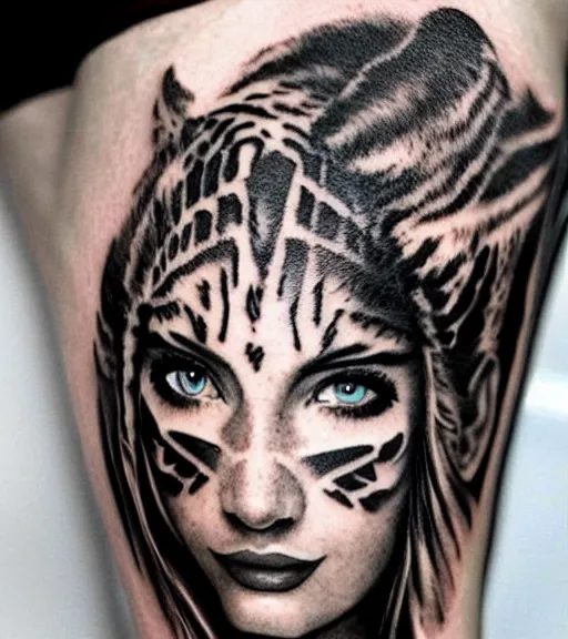 Image similar to tattoo design of a beautiful girl warrior under a tiger head, hyper realistic, realism tattoo, by eliot kohek, beautiful eyes, realistic face, black and white, white background