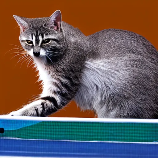 Prompt: a cat playing table tennis against a racoon