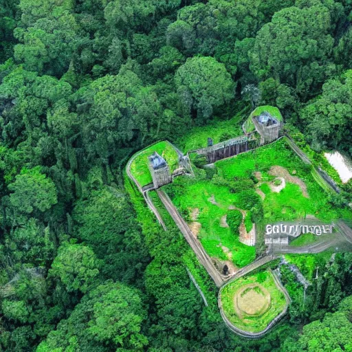 Image similar to fortified compound. aerial photography. secret police facility. lush green forest