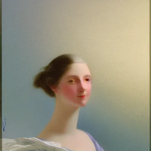 Image similar to young woman's face, her hair is white and she wears a cobalt blue duchesse satin cloak, by ivan aivazovsky and syd mead and moebius and roger dean and aelbert cuyp and willem claesz and pieter claesz and paul delaroche and alma tadema, hyperrealistic, volumetric light, octane