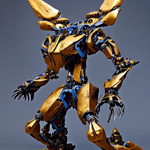 Image similar to shark themed sapphire mechanical exoskeleton wearing hardsurface armour, inlaid with gold rococo, bladed wings lace wear, sculpted spider zero, frank gehry, stephan martiniere, missle turrets, hyper detailed, custom mecha # frank gehry # spider zero