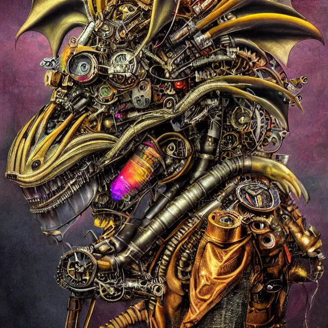 Image similar to profile portrait of a dragon, computer parts, mechanical parts, by giuseppe arcimboldo, steampunk, cyberpunk, futuristic, psychedelic, surreal, sci - fi, vaporwave, alien, dreamlike.