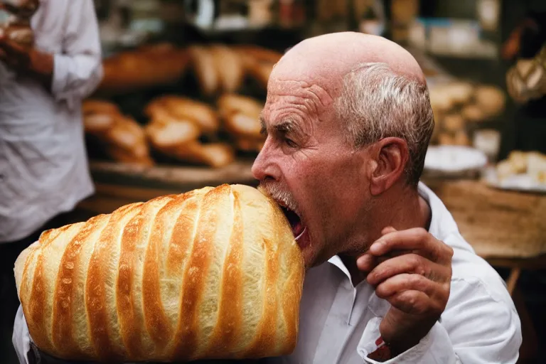 Image similar to closeup portait of a man being eaten by a giant baguette, natural light, sharp, detailed face, magazine, press, photo, Steve McCurry, David Lazar, Canon, Nikon, focus