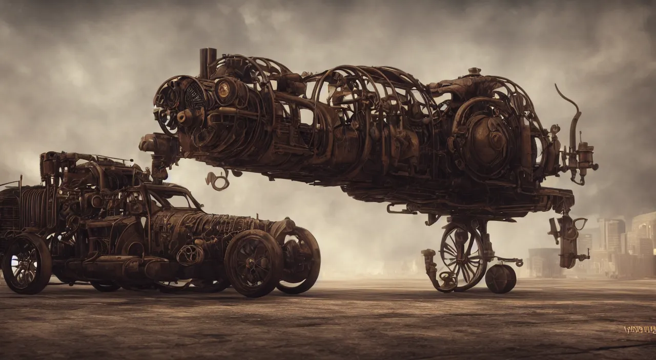 Prompt: Steampunk car, 8K, from a distance, trending on artstation, 8K 3D, volumetric light, lightrays, smoke, cinematic, atmospheric, octane render, insanely detailed and intricate by jules verne