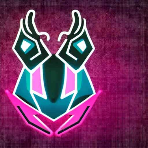 Prompt: logo for evil corporation that involves deer head, symmetrical, retro pink synthwave style, retro sci fi